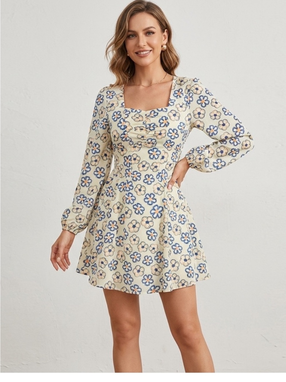 Floral Square-Neck Long-Sleeve Mini Dress in Cream and Blue